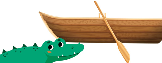 A picture of a rowing boat and a crocodile
