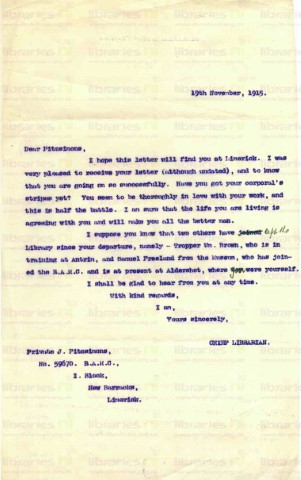 FIT 001. Letter from Elliott to Fitzsimons 19 November 1915. Army life, staff at war. Page one of one. 