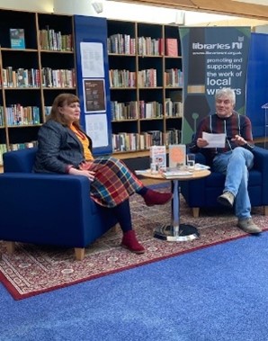Author Jan Carson with Peter Hughes from Libraries NI's Stock dept.