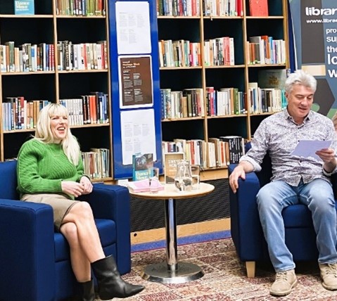 Author Jan Carson with Peter Hughes from Libraries NI's Stock dept.