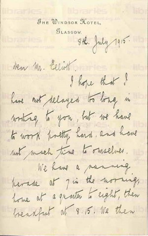 WAR 001. Letter from Warren to Elliott 8 July 1915. Glasgow. Routine. Page one of four. 