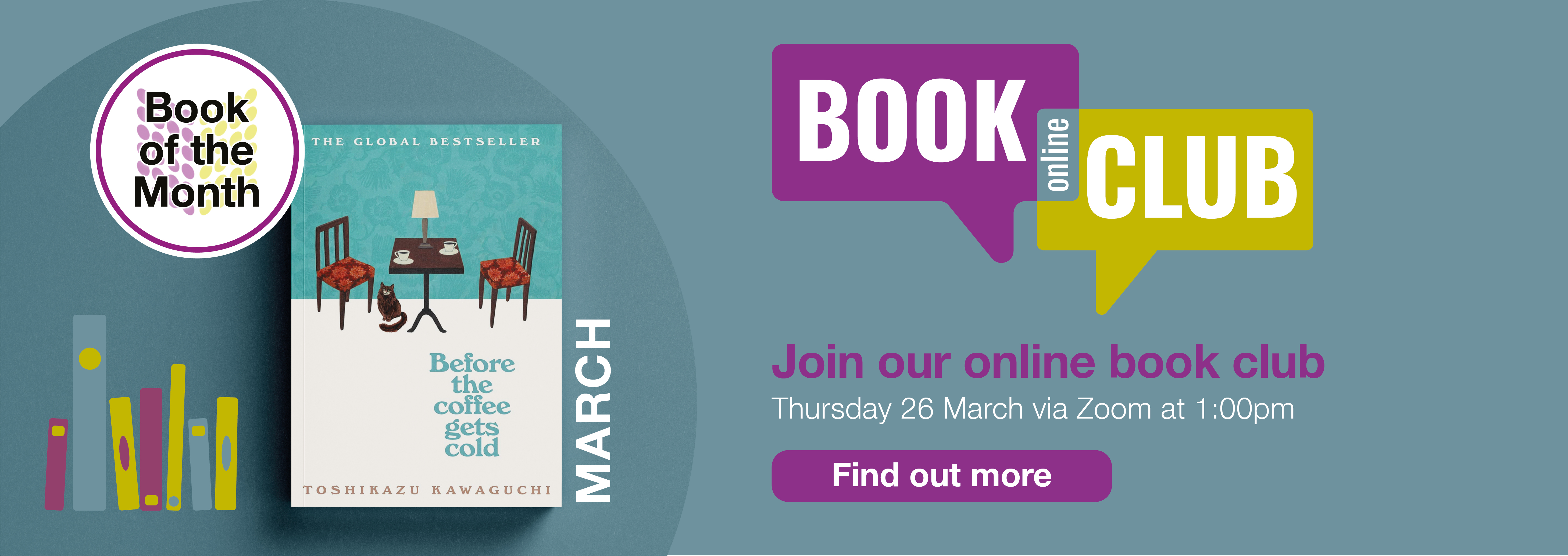 Home page banner for the Online Book Club in March 2026 featuring Book of the Month Before the coffee gets cold