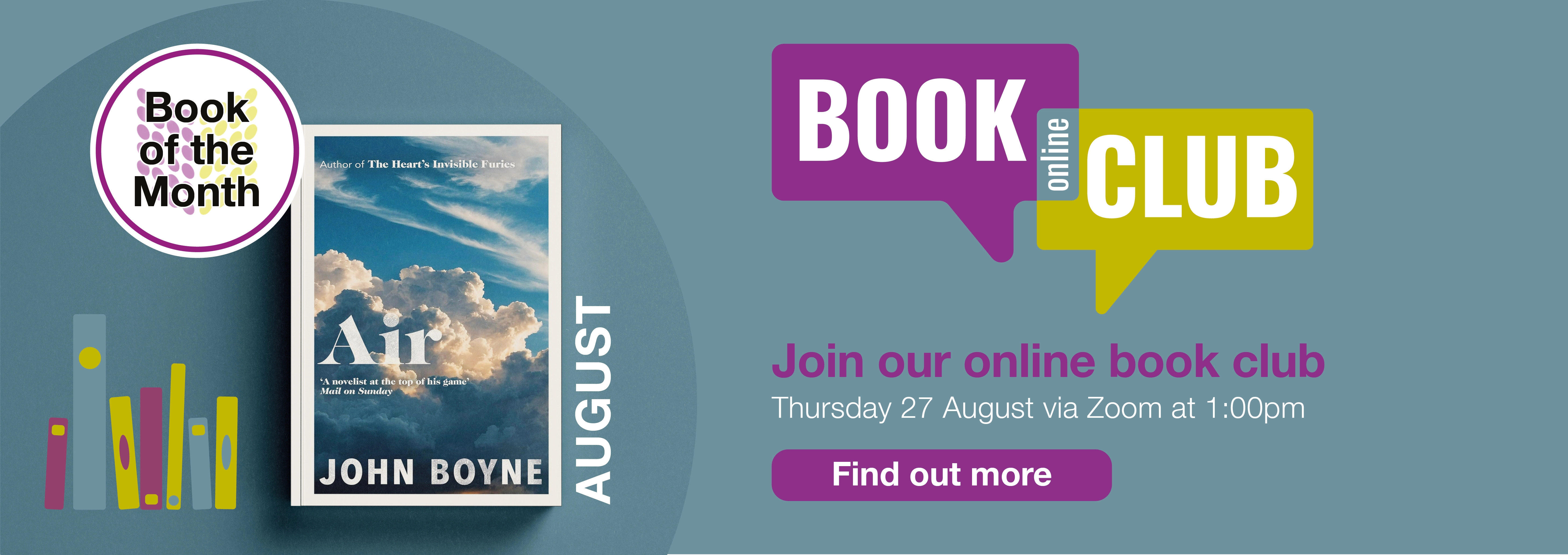 Home page banner showing Online Book Club on 27th August 2026. Click to find out more