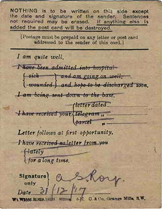 ROY 008. Field Service Postcard from Roy to Goldsbrough 31 December 1917. I am quite well. Page two of two. 