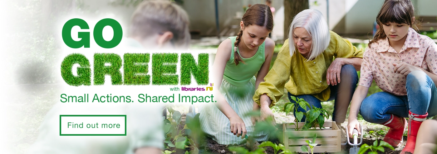 Home page banner promoting Go Green with Libraries NI. Small Actions. Shared Impact.