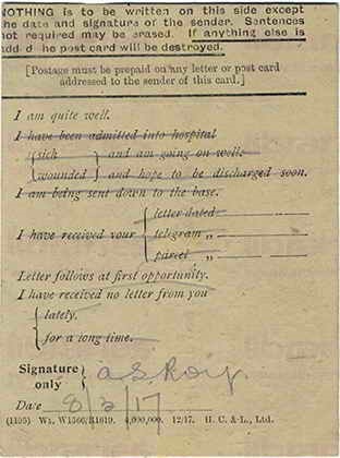 ROY 005. Field Service Postcard from Roy to Goldsbrough 8 March 1917. I am quite well. Page two of two.