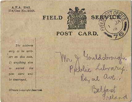 ROY 008. Field Service Postcard from Roy to Goldsbrough 31 December 1917. I am quite well. Page one of two. 