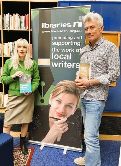 Author Wendy Erskine and Peter Hughes, Libraries NI's Stock dept.