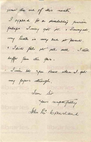 McC 024. Letter from McCausland to Goldsbrough 15 April 1919. Brocton, Staffordshire. Demobilisation, disability pension, poor health. Page two of two. 