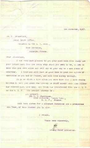 McC 015. Letter from Goldsbrough to McCausland 1 November 1917. Good luck in new location, Miss Miller, Brown. Page one of one. 