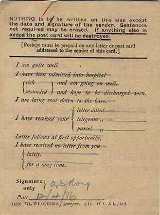 ROY 004. Field Service Postcard from Roy to Goldsbrough 12 April 1916. I am quite well. Page two of two.