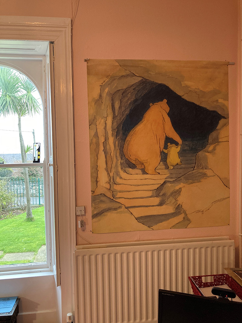 A painting of a mother bear and her cub