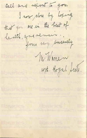 WAR 001. Letter from Warren to Elliott 8 July 1915. Glasgow. Routine. Page four of four. 