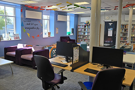 Waterside Library Interior; Computers and soft seats