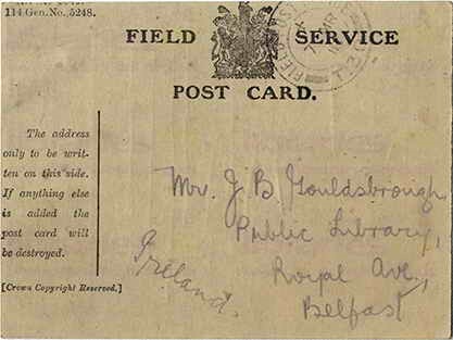 ROY 005. Field Service Postcard from Roy to Goldsbrough 8 March 1917. I am quite well. Page one of two.