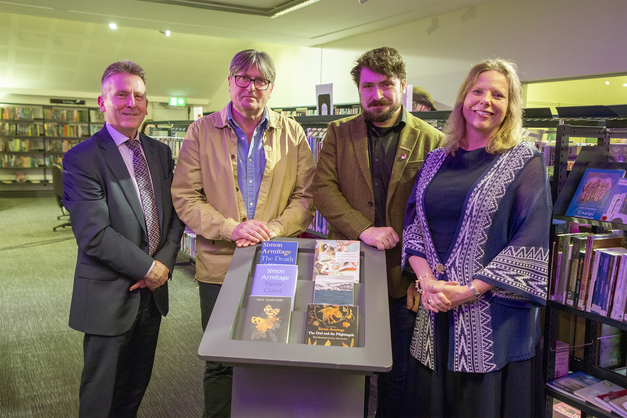 Photo: Jim O'Hagan, Chief Executive of Libraries NI, Poet Laureate Simon Armitage, Poet Dean Browne and Bonnie Anley, Chairperson of Libraries NI