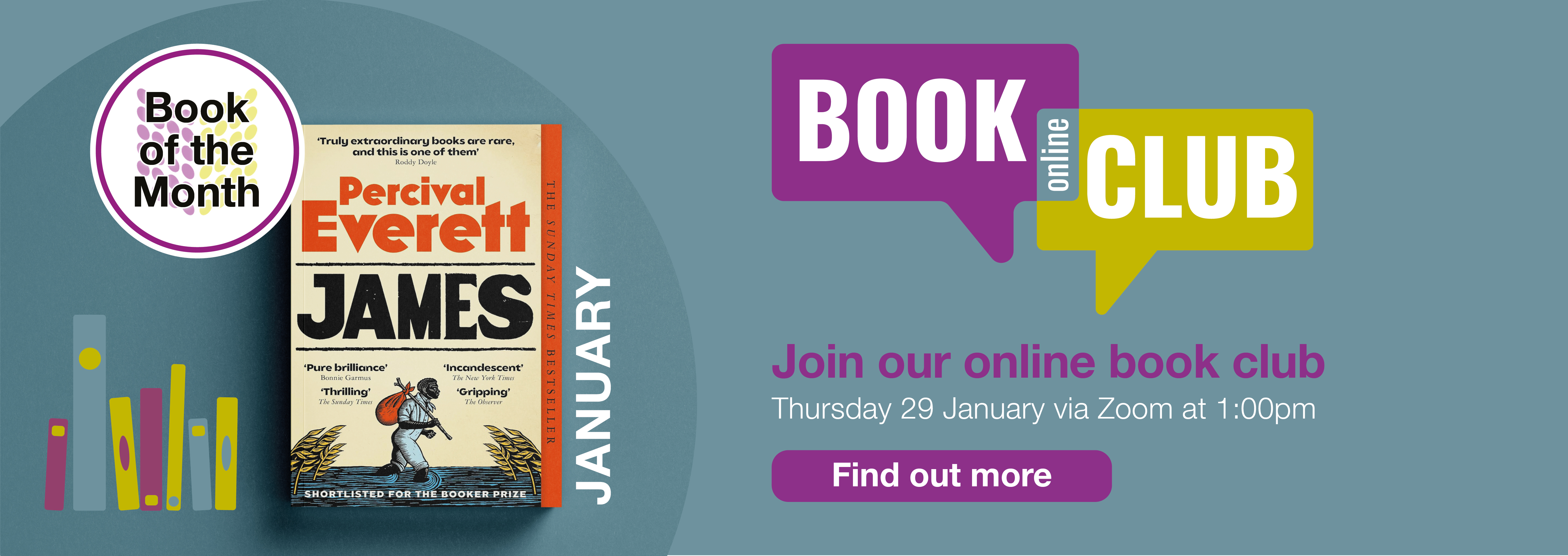 Home page banner showing the Online Book Club takes place on 29th January 2026 via Zoom at 1pm. Find out more